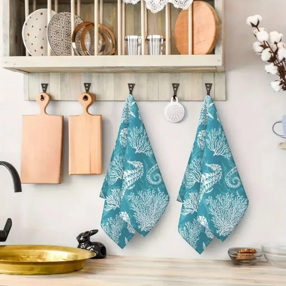 Nautical Sea Life Seahorse Kitchen Dish Towels 2pc Blue White 16 x 24-inch Gift